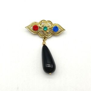 Vintage Gold Tone Brooch with‎ Red Blue Green Rhinestones Black Teardrop